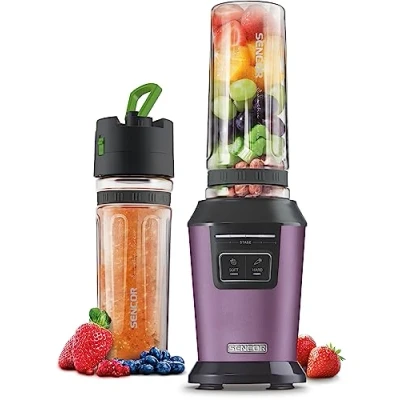 Immagine di Sencor frullatore elettrico SBL717, centrifuga frutta e verdura, borraccia portatile da 600ml senza BPA, sbattitore con sei lame in acciaio rivestite titanio, 800W(Violet)