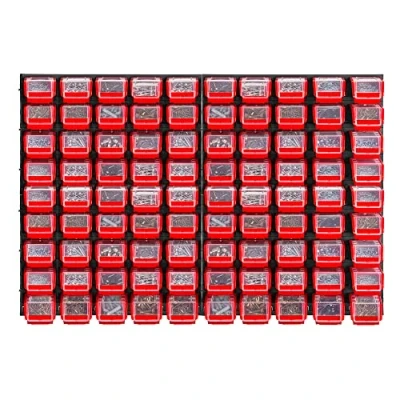 Immagine di KADAX Mensola da officina, 116 x 78 cm, sistema di stoccaggio in plastica resistente, resistente ai raggi UV, pannelli parete espandibili per garage, (rosso, 90 pezzi