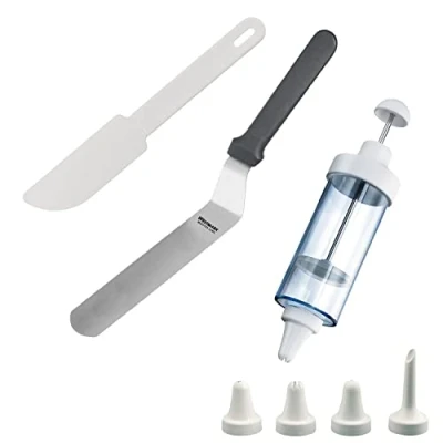 Immagine di Westmark Set da 3 pezzi: 1 siringa con 5 beccucci, paletta angolare, solvente per torte, in plastica e acciaio inox, trasparente/nero/bianco, 311522E6