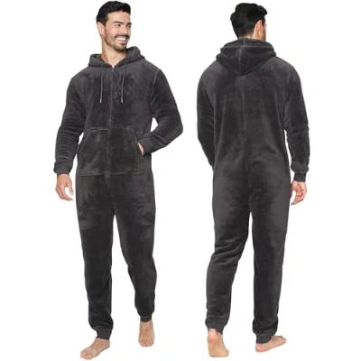 Immagine di NOROZE Pigiama Intero da Uomo, Tinta Unita, in Morbido Pile Tutto Uno, con Cappuccio (XL, Carbone)