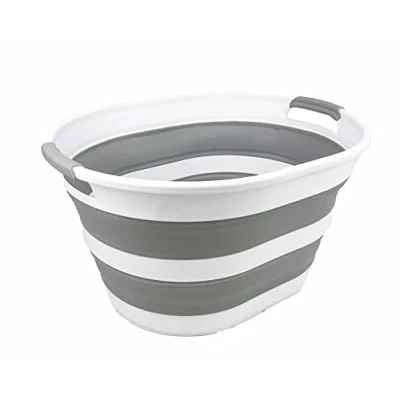 Immagine di SAMMART cesto portabiancheria in plastica pieghevole, 23 l, ovale, contenitore organizer portatile, salvaspazio (1, bianco/grigio)