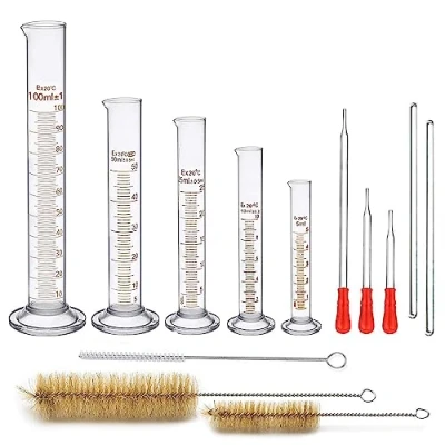Immagine di Cilindro Graduato, JESSTOLO 13 Pezzi Kit Accessori per Laboratorio Chimica con 5 Vetro Graduato 5ml 10ml 25ml 50ml 100ml, 3 Contagocce, Spazzolini di Pulizia et 2 Barra Agitazione