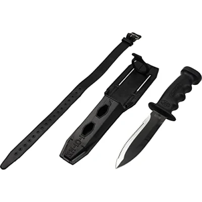Immagine di Cressi Supertotem Coltello Sub Pesca Apnea Immersione con Lama Acciaio Inox Liscia/Seghettata 12,4 cm, Pugnale Subacqueo Anatomico, Coltellino + Fodero 2 Fascette Fissaggio Polpaccio, Tot 23,2 cm