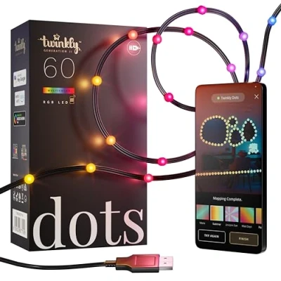 Immagine di Twinkly Dots 3m, Striscia LED Multicolore, RGB Flessibile, Compatibile con HomeKit, Alexa e Google Home, Luci Gaming, 16M+ di Colori, Alimentazione USB, Controllo App, Filo Nero, 60