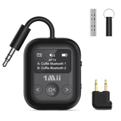 Immagine di 1Mii SafeFly Min+, trasmettitore e ricevitore Bluetooth, adattatore Bluetooth per aereo, 2 dispositivi collegabili, da utilizzare con qualsiasi jack 3,5 mm su aeroplani, attrezzature palestra,