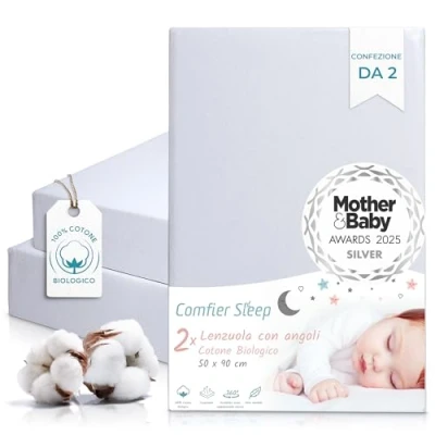 Immagine di Lenzuola Lettino Neonato 50x90 cm Con Angoli 100% Cotone Biologico Completamente Naturali Colore Grigio Set di 2 Culla Ultra morbide e Comode Per il Tuo Bambino