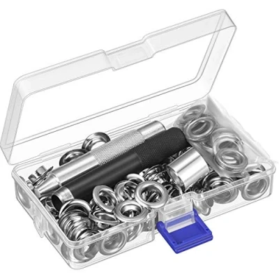 Immagine di Kit di utensili per passacavo, strumento regolazione e 100 set occhielli con scatola portaoggetti (diametro interno 1/2 pollice)