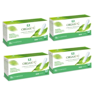 Immagine di Organyc Tamponi in Cotone Certificato 100% Biologico per Flusso Intenso, 4 Confezioni da 16 Unità, Totale 64 Unità