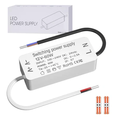 Immagine di Luxvista Trasformatore LED 60W AC 220V a DC 12V, 12V 5A IP67 Impermeabile, Alogeno Driver Bassa Tensione per Esterni, Faretti Strisce G4 GU4 GU5.3