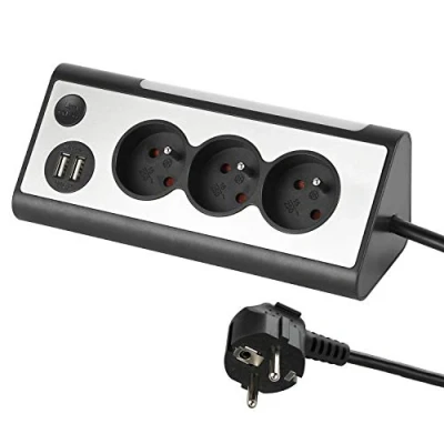 Immagine di Electraline 35430, Blocco multipresa angolare, 3 prese, 2 porte USB interruttore ON/OFF per spegnere/accendere il LED, cavo 1,5 m, grigio/nero