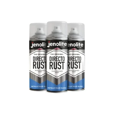 Immagine di JENOLITE Directorust Vernice spray lucida metallizzata BLU multisuperficie Primer, fondo e finitura all in one 3 x 400 ml