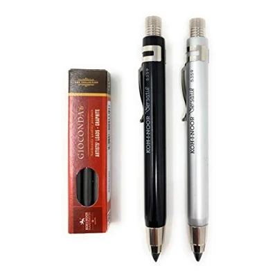 Immagine di KOH I NOOR 5359 Portamine in metallo con temperamatite e clip, set da 3, spessore mina 5,6 mm, argento nero grafite 2B