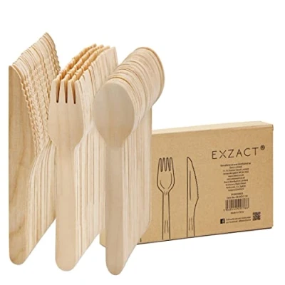 Immagine di EXZACT Posate usa e getta in legno, 150 pezzi, riciclabili, compostabili, forchette cucchiai, campeggio, viaggi barbecue, resistenti,