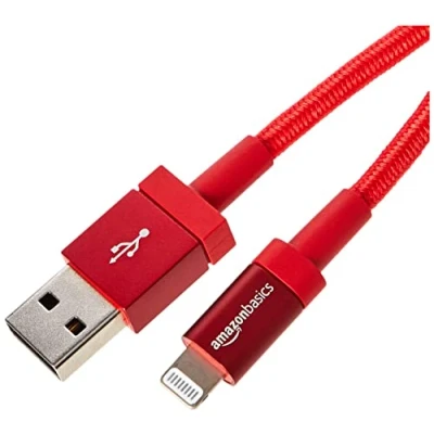 Immagine di Amazon Basics Cavo di ricarica USB a Lightning, certificato MFi, in nylon intrecciato, per iPhone, rosso, 1.8 m