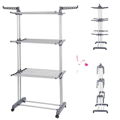 Immagine di Stendino, 3 Livelli Stendibiancheria Verticale Allungabile con Ruote, Acciaio Inossidabile Stendino da Balcone Esterno, Stendipanni per Interno ((75 126)*64*170cm (grigio e argento))