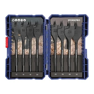 Immagine di WORKPRO Set di 8 Punte per Trapano Piatte Legno, a Testa Piatta Legno 12/16/18/20/22/25/28/32mm, la Scelta Perfetta i Lavori Falegnameria