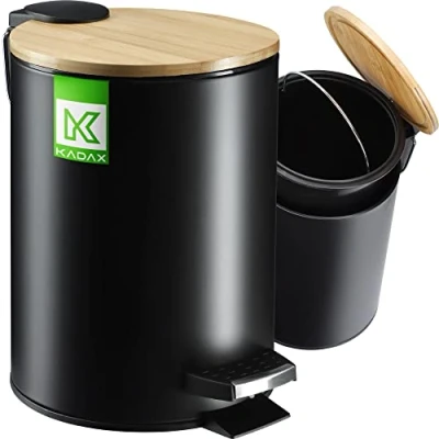 Immagine di KADAX pattumiera da bagno, 3 l, in 5 colori, piccola a pedale, contenitore estraibile, secchio con coperchio bambù, per bagno e WC (nero)