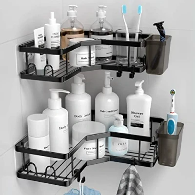 Immagine di FINIBO, Confezione da 2 mensole bagno angolari, autoadesive, senza perforazione, in acciaio inossidabile, con 4 ganci e portaspazzolini, per doccia, colore nero