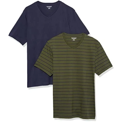 Immagine di Amazon Essentials T Shirt con Scollo a v Maniche Corte Uomo, Pacco da 2, Blu Marino/Righe/Verde Oliva, 3XL Plus Tall