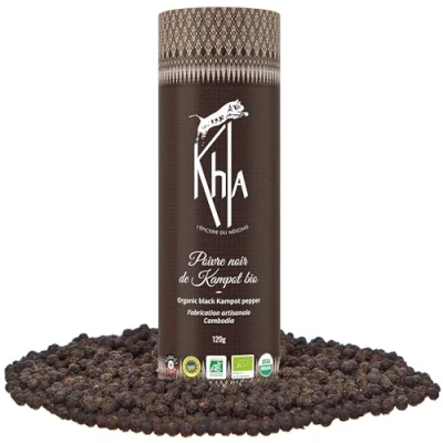 Immagine di Khla Pepe Nero di Kampot Certificato Biologico 120g in Grani Bio Raro e Delicato Ingrediente Spezie Cucina Produzione Limitata Direttamente dal produttore Origine Cambogia