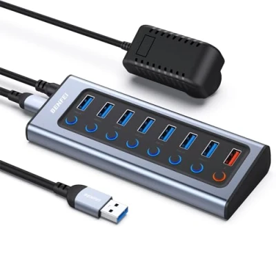 Immagine di BENFEI HUB USB 3.0 Alimentato 8in1, 7 Porte e 1 Carica Rapida con Interruttore LED on/off Adattatore di alimentazione 18W, Compatibile PC MacBook Windows Mac OS Linux (8in1)