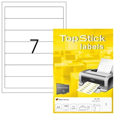 Immagine di TopStick etichette autoadesive per dorso, 7 foglio A4, 100 fogli, 192 x 38 mm, 700 etichette, adesive vuote cartelle a leva, stampanti laser e inkjet, bianco