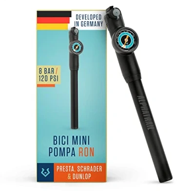 Immagine di Alphatrail Minipompa Ron per tutte le valvole 8,3 Bar / 120 PSI pressione massima I manometro grande (Ø32mm) Tubo flessibile estensibile da 15 cm pompa bicicletta presta, schrader &amp; dunlop