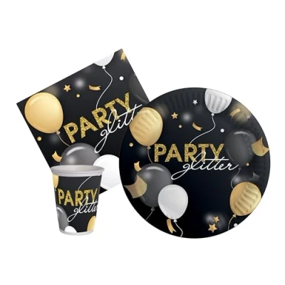 Immagine di Ciao Kit Party Tavola (Piatti, Bicchieri, tovaglioli), Nero, Oro, 8 persone, AZ175