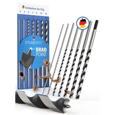Immagine di STONE REEF Set di punte per legno lunghe professionali [7 pezzi con custodia inclusa] Trapano a serpente Ø 4 mm, 5 6 7 8 10 12 mm x 230 cassaforme,