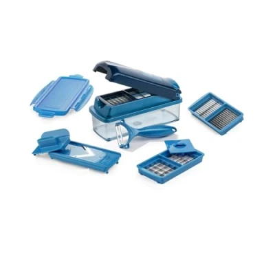 Immagine di Genius Nicer Dicer Affettaverdure intelligenti, 10 pezzi, per grattugiare cubi, affettatrice frutta manuale, contenitore da 800 ml, con coperchio blu