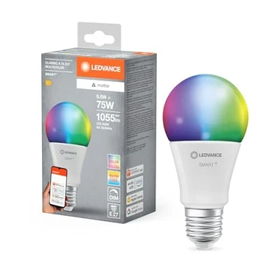 Immagine di Ledvance Lampada Led Smart+ Matter, Smerigliata, 9,5W, 1055Lm, Forma a Goccia E27, Luce Colorata e Bianca, Compatibile con Google, Alexa, Apple, App o Controllo Vocale, Durata Fino 20.000 Ore