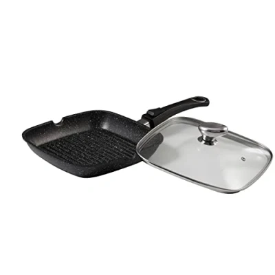 Immagine di Pradel Excellence Padella Grill 24 x cm Modo Pietra in ghisa di Alluminio con Coperchio Vetro, Nero,