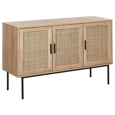 Immagine di Beliani Credenza Moderna a 3 Cassetti con Fronte in Vimini 72 x 120 cm Legno Chiaro