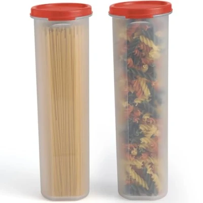 Immagine di Contenitore alto trasparente per spaghetti e pasta, con coperchio, confezione da 2. Organizzazione multiuso dispensa cucina conservazione degli alimenti noodles fagioli cannucce