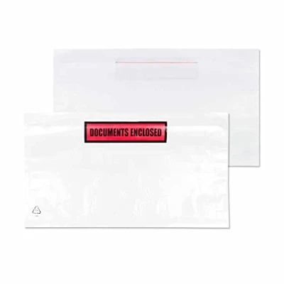 Immagine di Purely Packaging Buste stampate con chiusura adesiva, scritta in inglese &quot;Documents Enclosed&quot;, formato DL, 235 x 135 mm, confezione da 1.000 pezzi