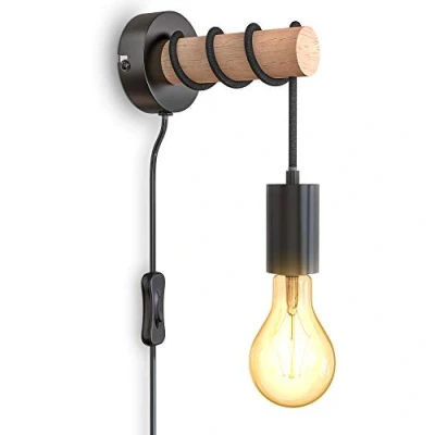 Immagine di B.K.Licht Lampada da parete retrò in metallo e legno, interruttore sul filo, lampadina E27 non inclusa, applique vintage, design industriale, ideale per ambienti rustici moderni, IP20
