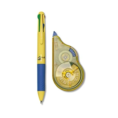 Immagine di OSAMA Set Cancelleria con Bianchetto a Nastro, 20 METRI + Penna Sfera 4 Colori Multi, Kit Cartoleria e Scuola Ufficio Correttore Nastro Multicolore, Giallo/Blu