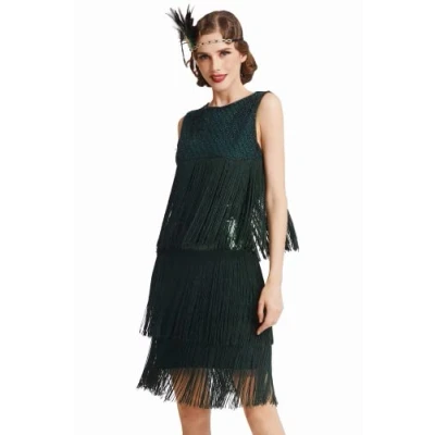 Immagine di ArtiDeco Abito Charleston Donna Anni &#039;20 Vestiti con Frange Lungo, Paillettes e Perline in Stile Grande Gatsby daCocktail 1920s Costume Flapper