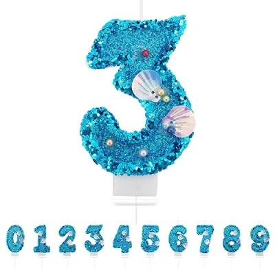 Immagine di candele di compleanno con numeri 3,3D, blu, 3, decorazione per torte, compleanni, decorazioni