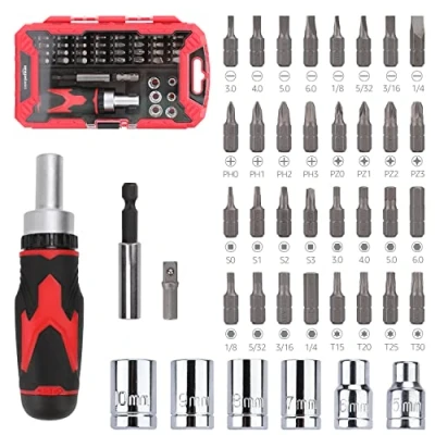 Immagine di Amazon Basics Set di cacciaviti magnetici a cricchetto, confezione da 41 pezzi, Metallizzato Rosso/Argento/Nero