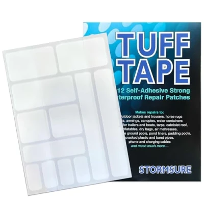 Immagine di Set di 12 toppe a nastro TUFF assortite per le riparazioni delle tende impermeabili, autoadesive, resistenti essenziali avventure all&#039;aperto
