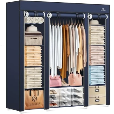 Immagine di KESSER® Armadio in tessuto stabile con asta appendiabiti e ripiani, include 5 grucce tessuto, per camera da letto, spogliatoio, guardaroba appendiabiti, 150 x 45 175 cm