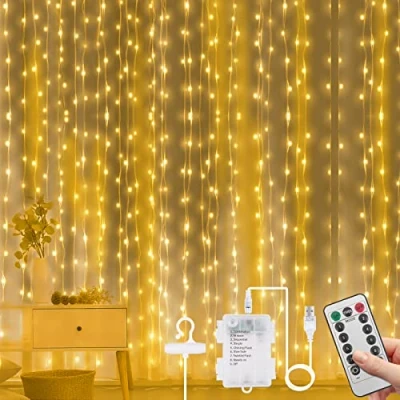 Immagine di Vicloon Tenda Luci LED, 3Mx3M 300 LED Luminosa, per Tende a con 8 modalità Stringa Luce Catena, Cascata di Esterni, Interni, Natale, Camera da Letto, Giardino (Bianco Caldo)