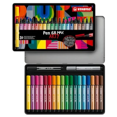Immagine di Pennarello Premium a tratto doppio (1 + 5 mm) STABILO Pen 68 MAX ARTY Scatola in Metallo da 20 Colori assortiti