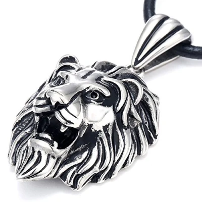 Immagine di DonDon, collana da uomo in pelle o acciaio inox e ciondolo con leone inossidabile, sacchetto per gioielli colore: argento, cod. AM04 L1_az2