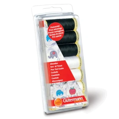 Immagine di Gutermann Set di filetti: da Cucire Nero: 7 x 100 m, Polyester, 4 Bianche e 3 Nere, 700 unità