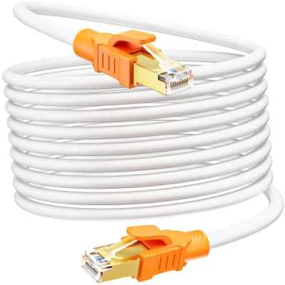 Immagine di Cavo Ethernet Cat 8 15 Metri, LAN 40Gbps 2000Mhz Schermato di Rete Alta Velocità Gigabit RJ45 26AWG S/FTP POE Internet Lungo bianco Patch per Router Modem