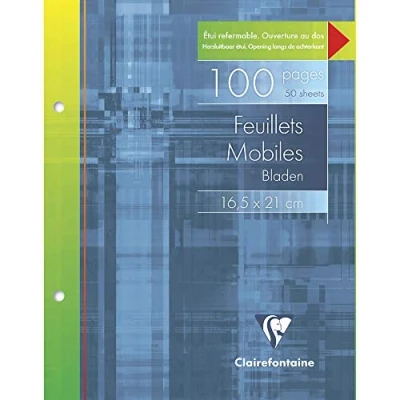 Immagine di Clairefontaine 183C Un Astuccio di Fogli mobili forati 2 buchi 16,5x21 cm 100 Pagine a righe con margini Carta Bianca 90g Étui Réutilisable