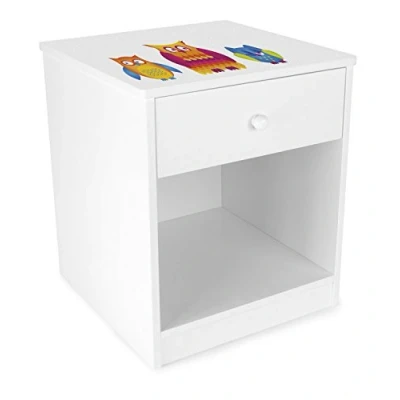 Immagine di Leomark comodino moderno in legno 40cm x 38cm 42cm (A), con cassetto e scompartimento apertoin, per bambini, mobili la cameretta dei bambini stampa colorata Gufi