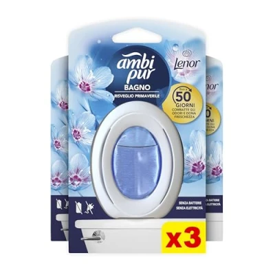 Immagine di Ambi Pur Bagno Profumatore per Ambienti, 3 Profumatori, Fragranza Risveglio Primaverile, Diffusore Ambiente con Tecnologia Elimina Odori, Durata Fino a 50 Giorni
